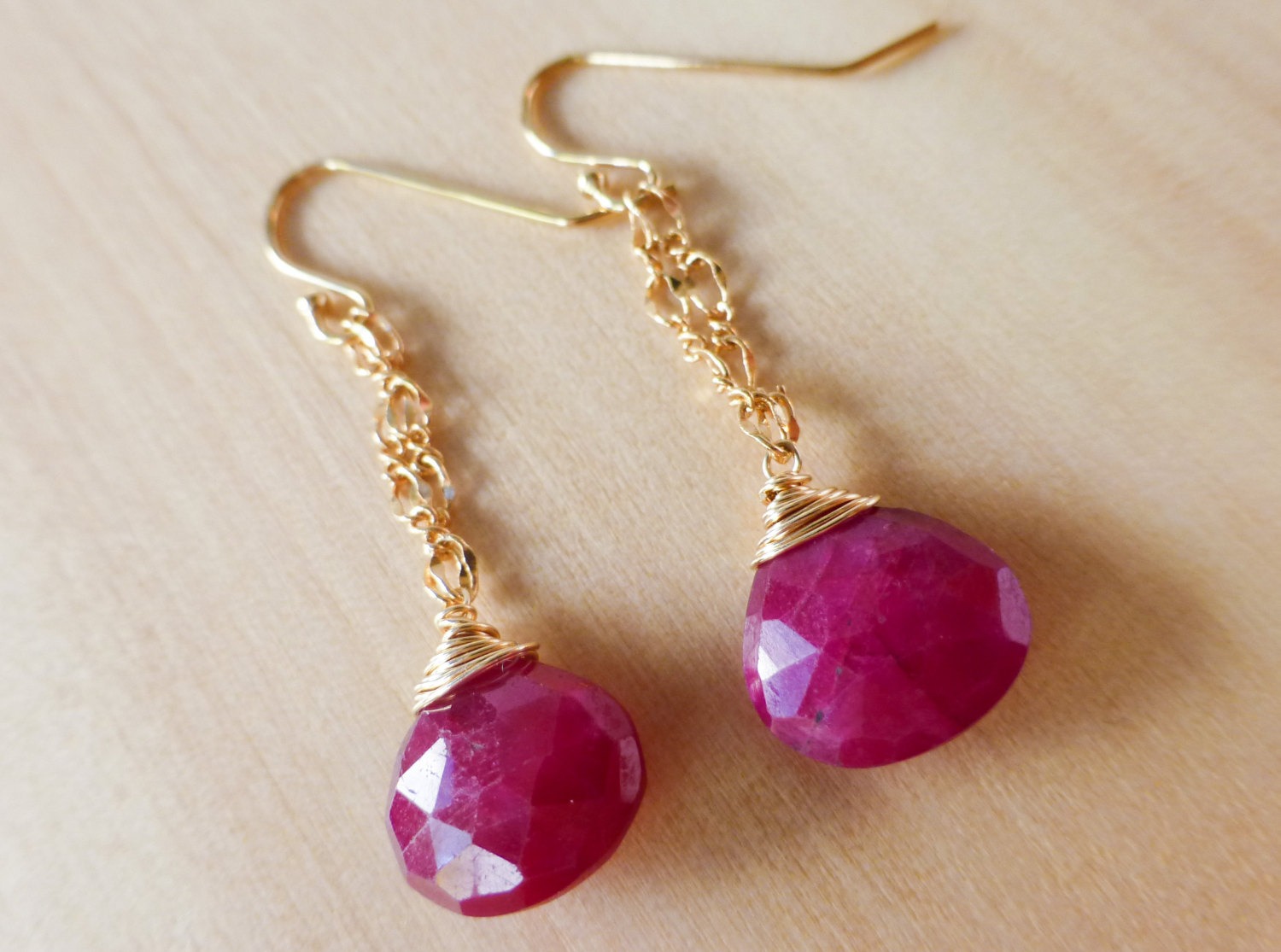 The Pink Red Ruby Dangle Earrings in Gold Filled - Valltasy